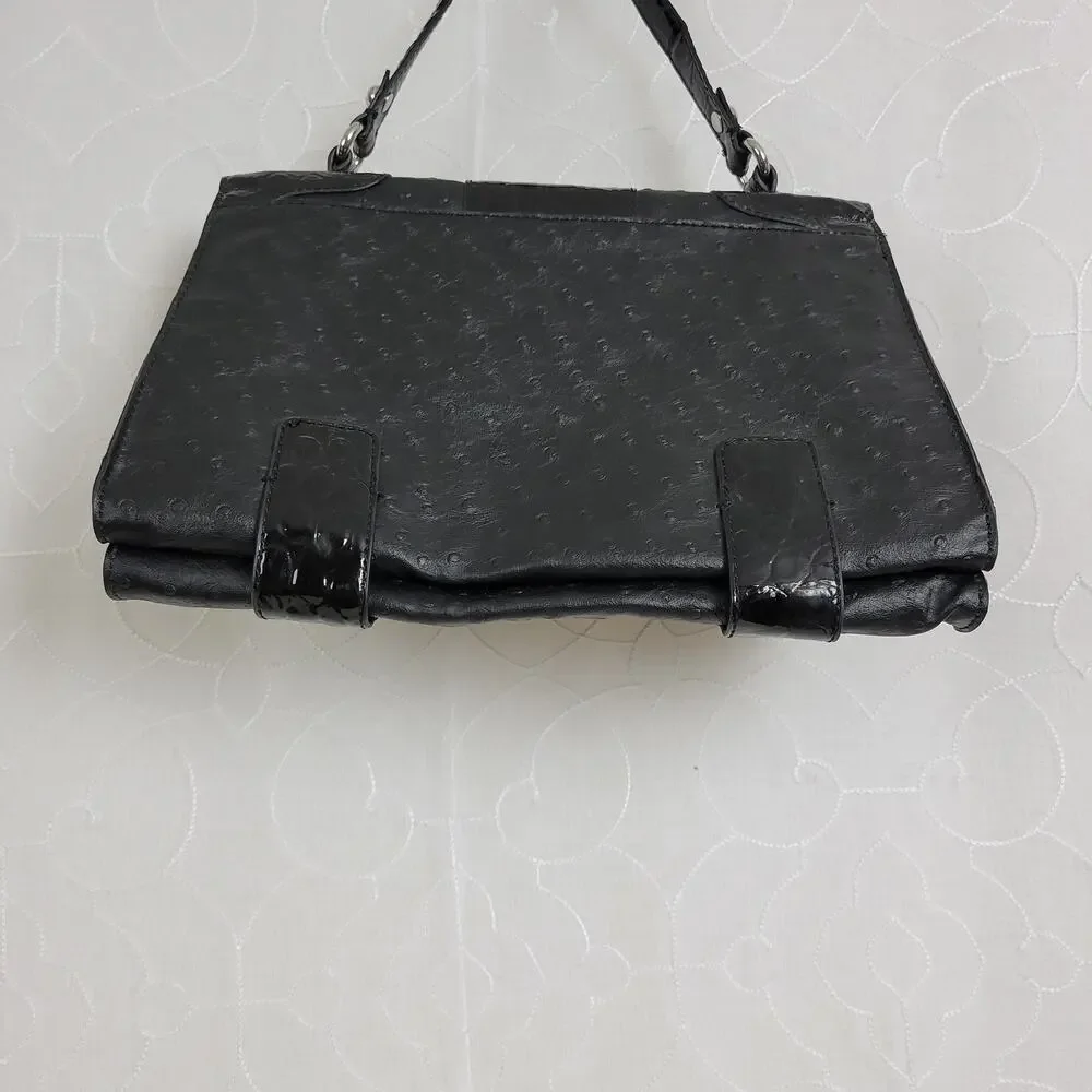 Guess Womens Shoulder Bag Black Ostrich Embossed Faux Leather Accordion Clutch